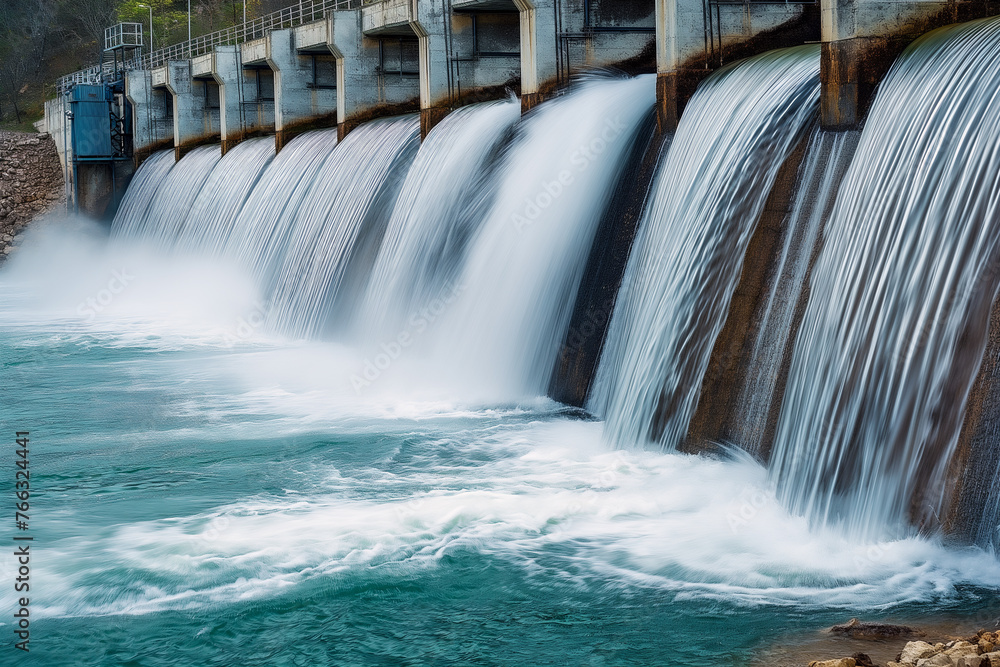 Water falling from a hydroelectric dam. Long exposure effect of falling water. Hydroelectricity. Hydropower. Water falling from a hydroelectric dam. Long exposure effect of falling water. Hydroelectricity. Hydropower.