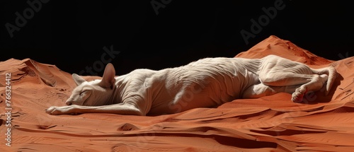  White animal lying on top of desert sand, red background, mountain in view