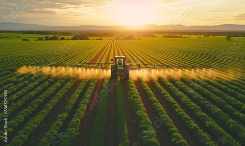 Tractor spraying pesticides on a green plantation at sunset  aerial view  drone view.