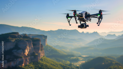 A drone flying over a picturesque landscape, equipped with advanced cameras for surveying and data collection