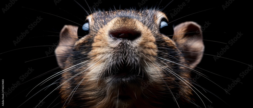  A macro image captures the squirrel's facial features, including its alert gaze and ever-so-slightly parted nostrils - obrazy, fototapety, plakaty 