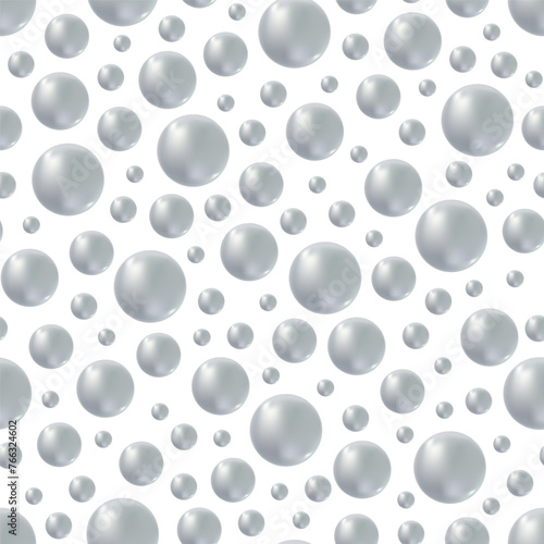 Seamless pattern of realistic transparent water drops or soap bubbles with color reflection. Vector background for abstract design, 3D balls, balloons, rain on glass, circles illustration.