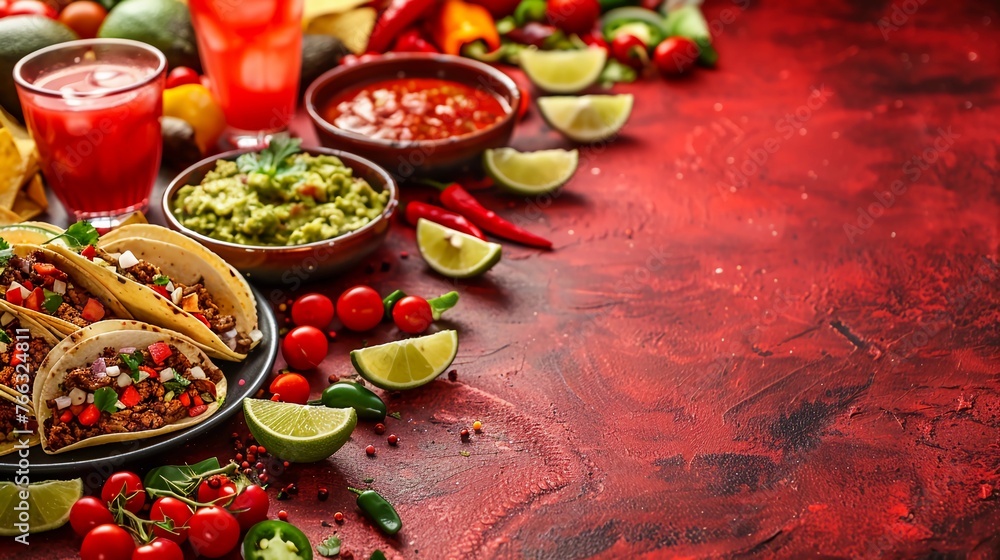 Mexican Cuisine, Vibrant Red Background with Copy Space. Tacos, Salsa, Guacamole, Dips And Vegetables, Cinco de Mayo Festive Food Presentation. AI Generated