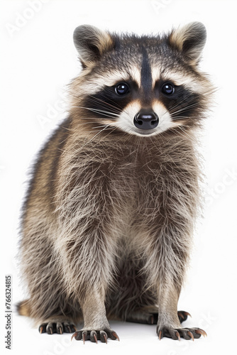 Cute gray raccoon sits on white background.