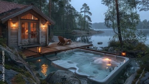 An exclusive outdoor spa with hot tubs  a natural shower  and sauna  located by a lake 