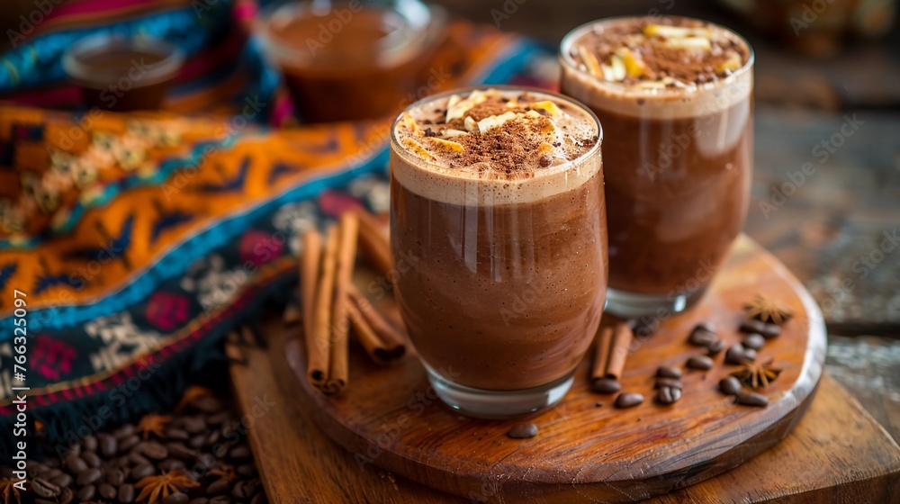Mexican Champurrado Glasses. Corn Chocolate Hot Drink with Cinnamon. Traditional Festive Dessert Beverage. Dia de muertos, Cinco de Mayo. AI Generated Mexican Champurrado Glasses. Corn Chocolate Hot Drink with Cinnamon. Traditional Festive Dessert Beverage. Dia de muertos, Cinco de Mayo. AI Generated