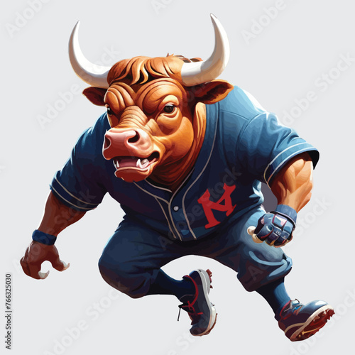 clipart mascot bull playing baseball, vector isolated