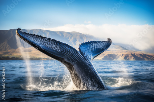 Majestic Whale Breaching in Pristine Waters Against Mountain Backdrop © marishatti