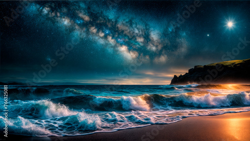 Beautiful night landscape with stormy sea