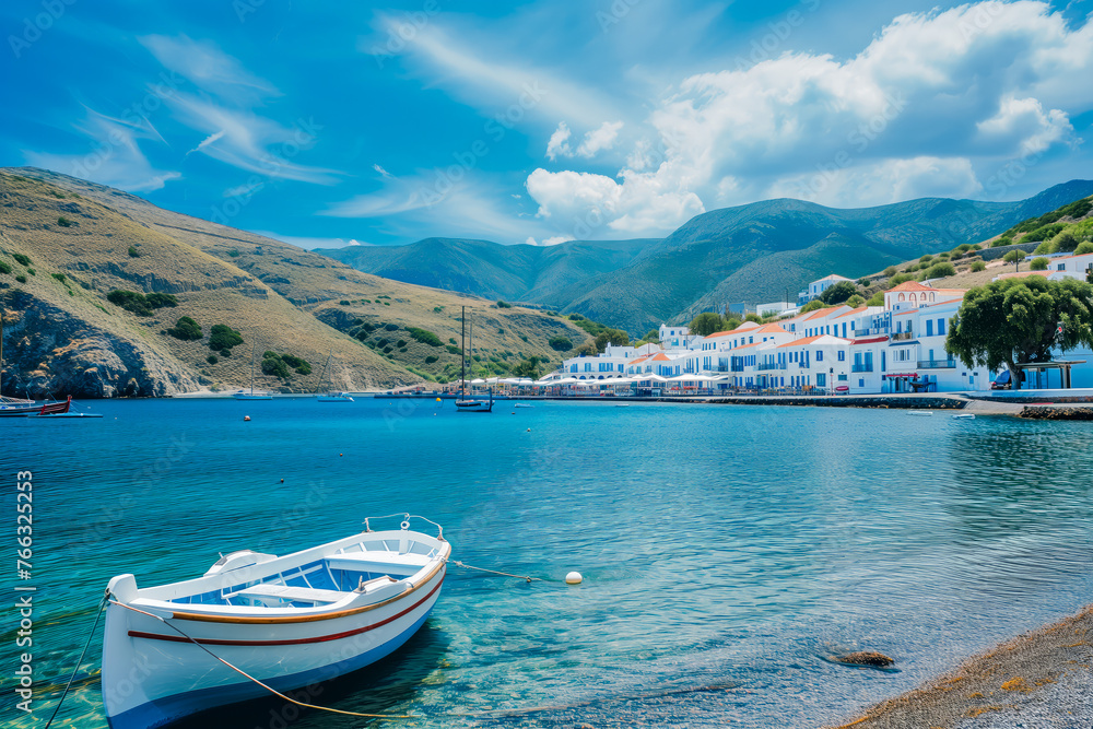 Obraz premium Serene Coastal Village with Windmill and Boats