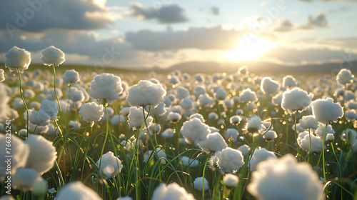 On the grassland, big scene, 3D white furry woolen flowers all over the ground. Generative Ai