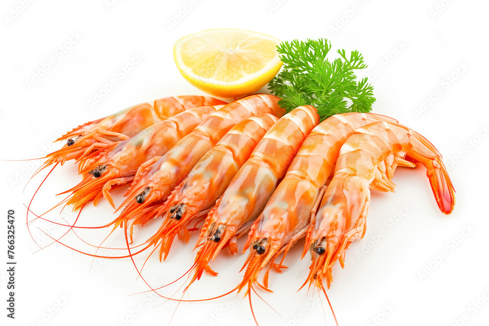 Fresh Prawns with Lemon and Parsley on White Background Fresh Prawns with Lemon and Parsley on White Background