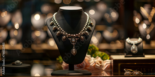 beautiful pearl necklaces with black background Jewelry, decorations, vintage A beautiful gold necklace lies in the window of a jewelry store.