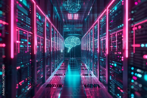 Cyber security and AI in modern cloud data center, digital brain illustration