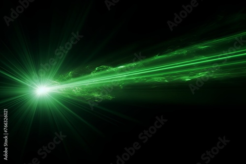 Green light flare isolated black background