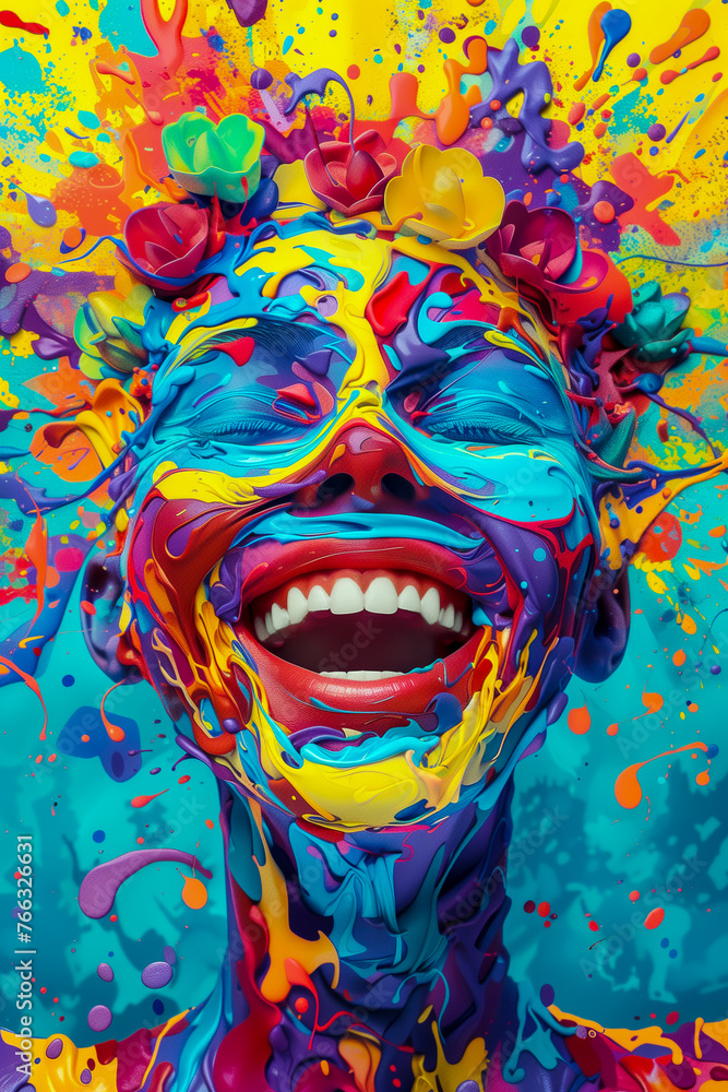 Creative background of delight and satisfaction. Female face painted with colourful paints expresses happy emotions.