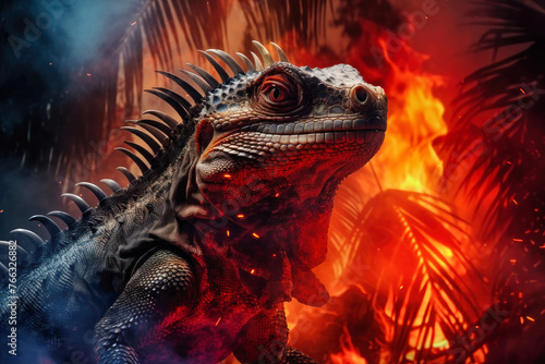 A close-up of a dinosaur in the midst of a raging forest fire  symbolizing the impact of wildfires on prehistoric creatures