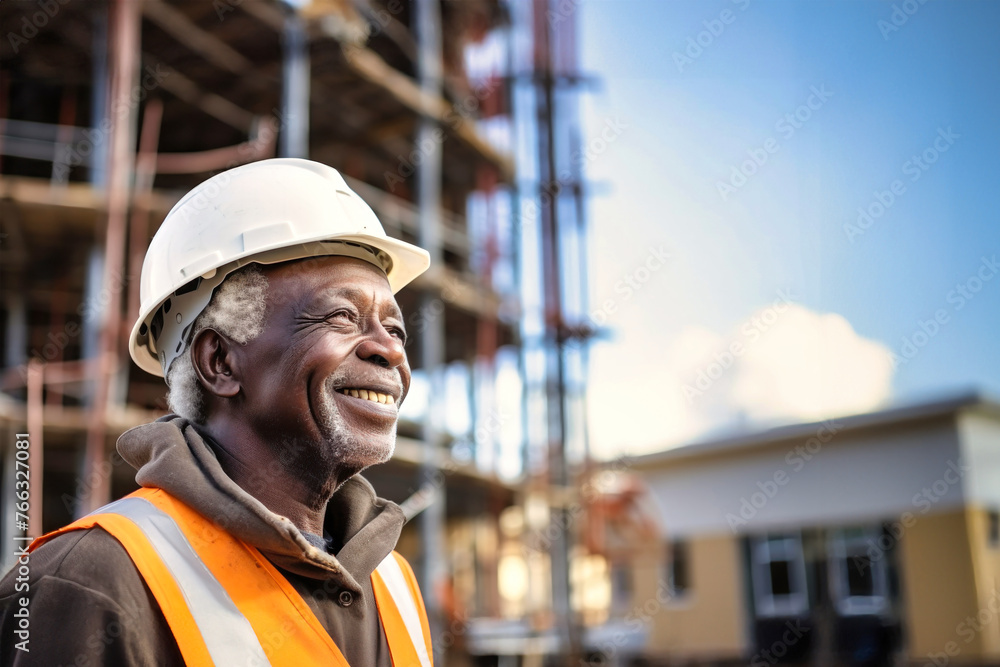 An elderly dark-skinned man is dressed in a hard hat and safety glasses, ensuring his protection while working on a construction site - obrazy, fototapety, plakaty 