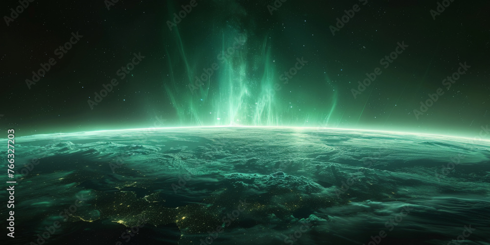 green glowing light on black background,green sunset earth in space,