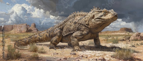  An artist s depiction of a massive alligator amidst a desert scenery  under a tempestuous sky