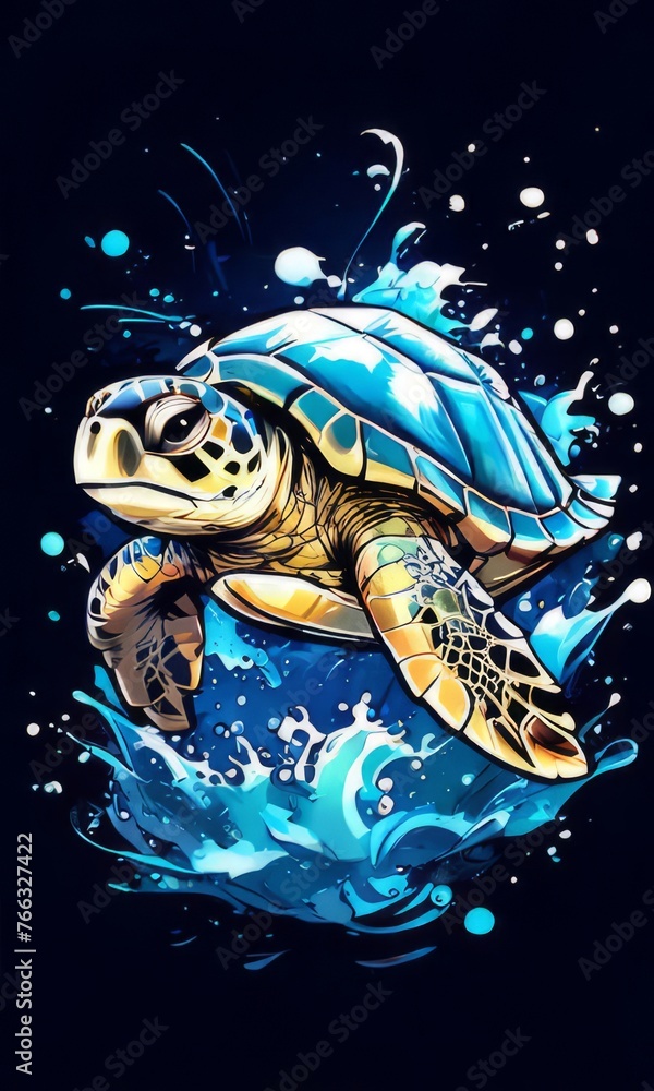 Majestic turtle is seen gliding effortlessly through water, its movements slow, graceful. For Tshirt design, posters, postcards, other merchandise with marine theme, childrens books. Majestic turtle is seen gliding effortlessly through water, its movements slow, graceful. For Tshirt design, posters, postcards, other merchandise with marine theme, childrens books.