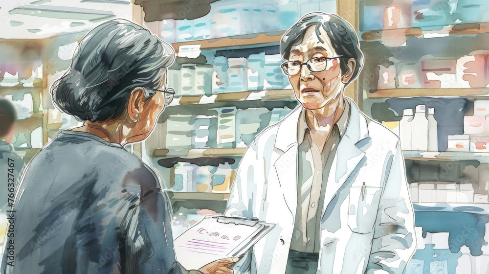 Obraz premium A woman and man conversing in a pharmacy shop, surrounded by shelves of medicine and health products