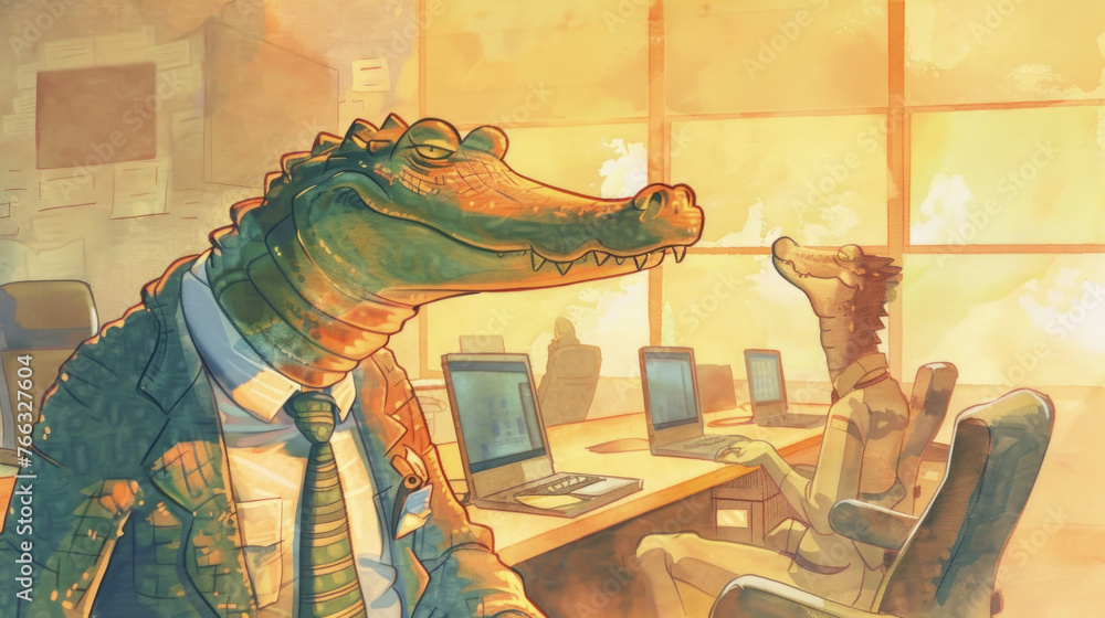 Anthropomorphic alligators dressed in business attire working at their desks with computers in a sunlit office - obrazy, fototapety, plakaty 