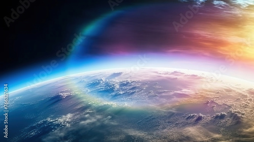 Rainbow surrounds the Planet Earth Earth with Sun Rising