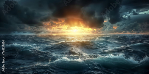 Sunset on sea with stormy  bad weather  banner