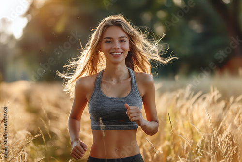 A beautiful smiling young woman is jogging outdoor 