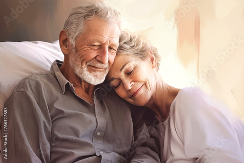 An elderly man and woman expressing love and affection as they cuddle together on a bed