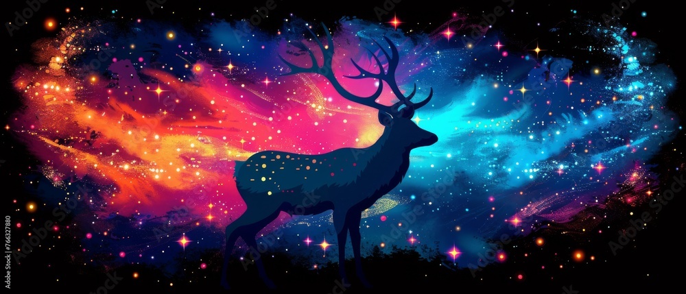 A majestic deer, bathed in moonlight, stands against a vivid backdrop of twinkling stars and the enchanting hues of a rainbow A majestic deer, bathed in moonlight, stands against a vivid backdrop of twinkling stars and the enchanting hues of a rainbow