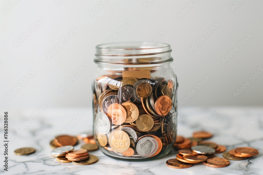 Glass jar for tips with coins and bills standing on the counter at a bar, cafe, or restaurant. Glass jar for tips with coins and bills standing on the counter at a bar, cafe, or restaurant.