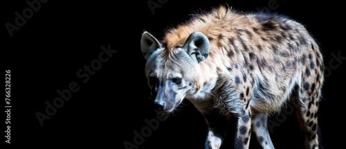 A clear close-up of a hyena against a dark background