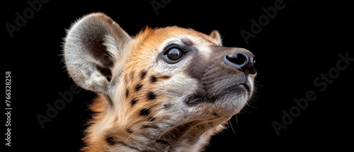  A close-up of a hyena's face, with wide-open eyes against a black background