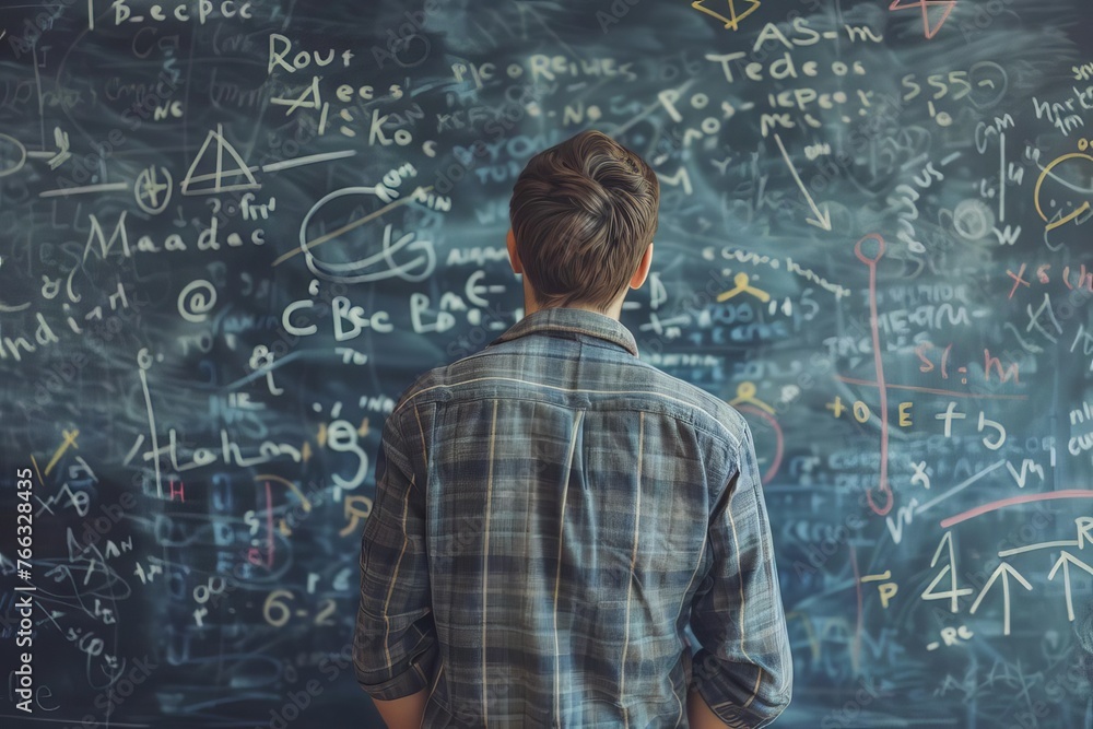 Mathematician solving complex equations on chalkboard, 2D illustration of math and science - obrazy, fototapety, plakaty 