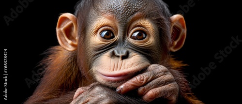  A detailed photo of a monkey with its hands touching its face, against a dark backdrop