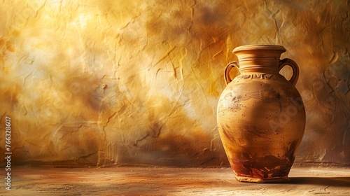 Ancient ceramic pottery jug against a textured golden background, with a warm, rustic Mediterranean ambiance, ideal for historical or cultural themes