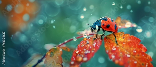  A ladybug atop a wet leaf