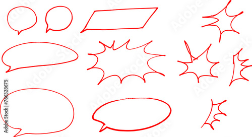 赤色 吹き出し　ギザギザ枠　マジックで書いた手描き　セット