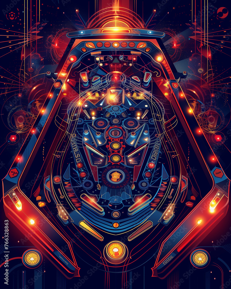 a vibrant pinball machine with sci-fi theming, highlighted by neon lights