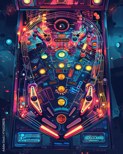 a vibrant pinball machine with sci-fi theming, highlighted by neon lights photo