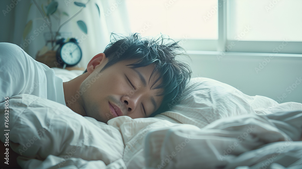 an asian guy sleeping on his bed, Generative AI an asian guy sleeping on his bed, Generative AI