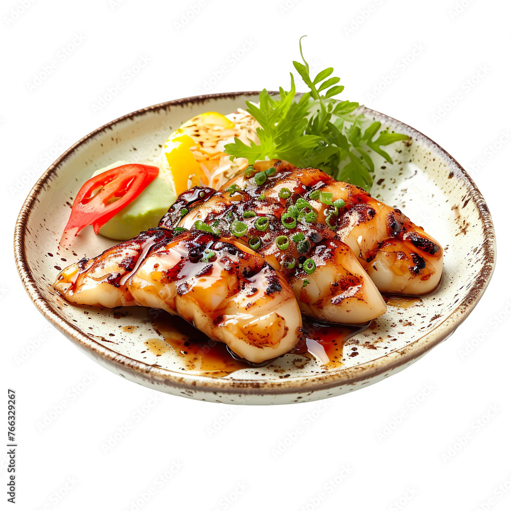 front view of Ika Teriyaki (grilled squid teriyaki) with a glossy teriyaki glaze, on a traditional Japanese plate, isolated on a white transparent background