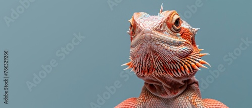  Close-up portrait of a lizard head on gray background, with a light blue sky fading into the distance