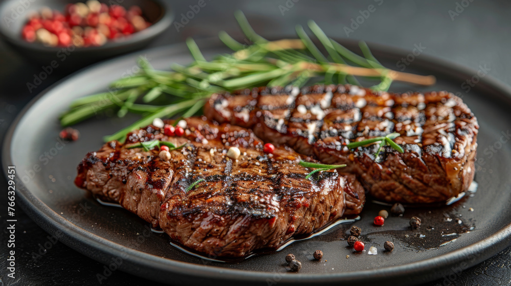 Grilled steak on dark plate. Fresh dashes of pepper and rosemary. On dark surface.