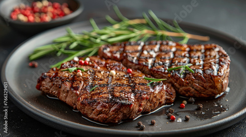 Grilled steak on dark plate. Fresh dashes of pepper and rosemary. On dark surface. © steve