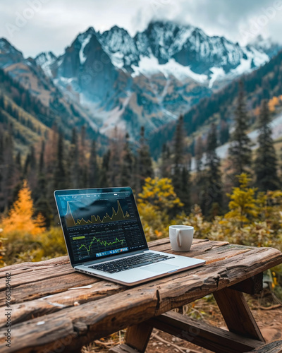 Serene mountaintop retreat, a lone laptop shows a graph of personal growth investments, symbolizing peaceful financial planning photo