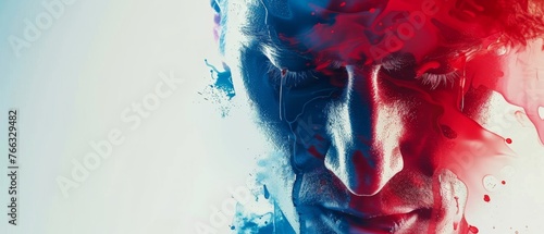  A close-up of a man's face with red, white, and blue paint splattered on it