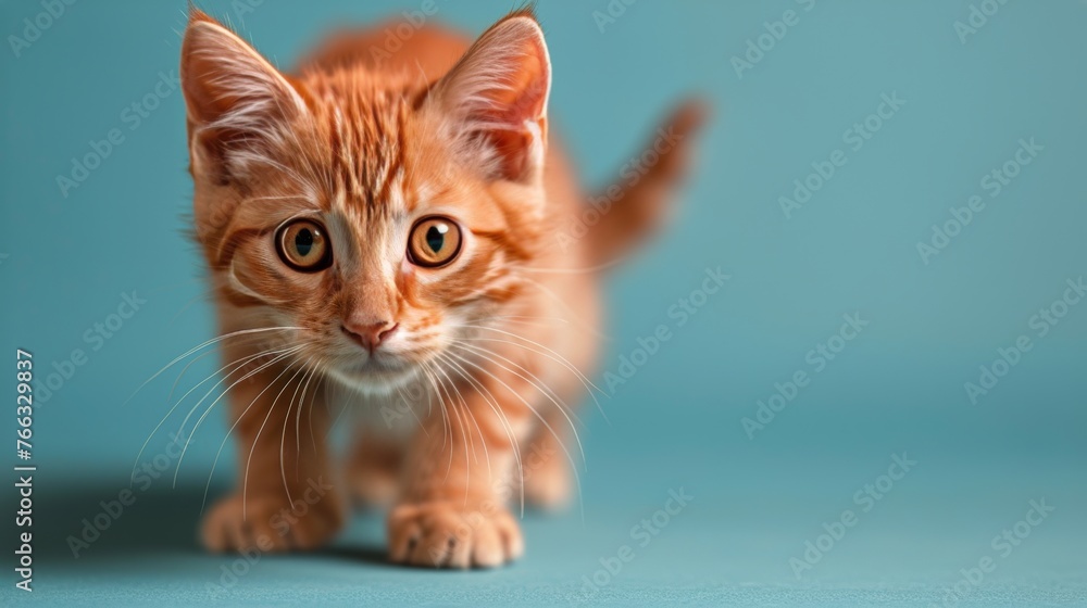 Small Orange Kitten Walking on Blue Background
